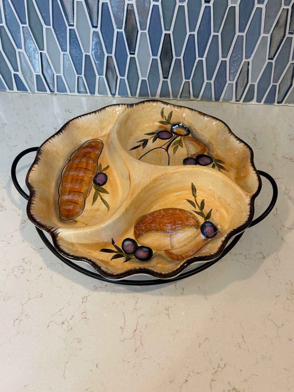 Hand-Painted Ceramic Divided Serving Bowl with Olive & Bread Motif